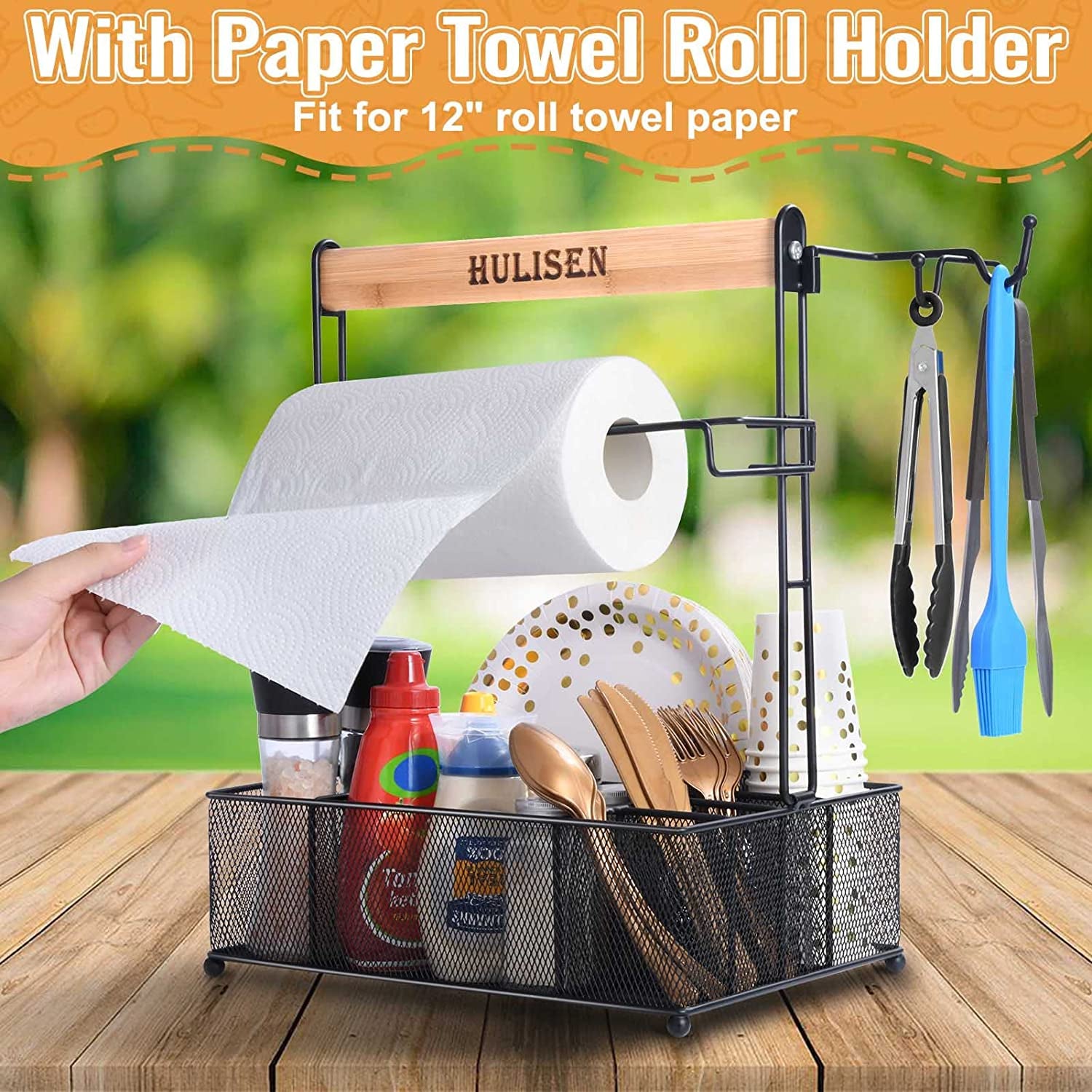 Grill Caddy, BBQ Caddy with Paper Towel Holder, Utensil Caddy for Plates and Utensils, Picnic Condiments Caddy for Barbucue Griddle Accessories, Outdoor Camper Camping RV Backyard Must Have