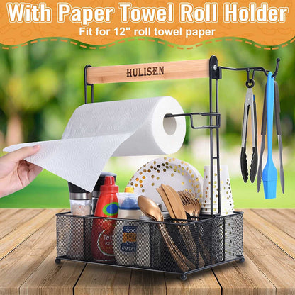 Grill Caddy, BBQ Caddy with Paper Towel Holder, Utensil Caddy for Plates and Utensils, Picnic Condiments Caddy for Barbucue Griddle Accessories, Outdoor Camper Camping RV Backyard Must Have
