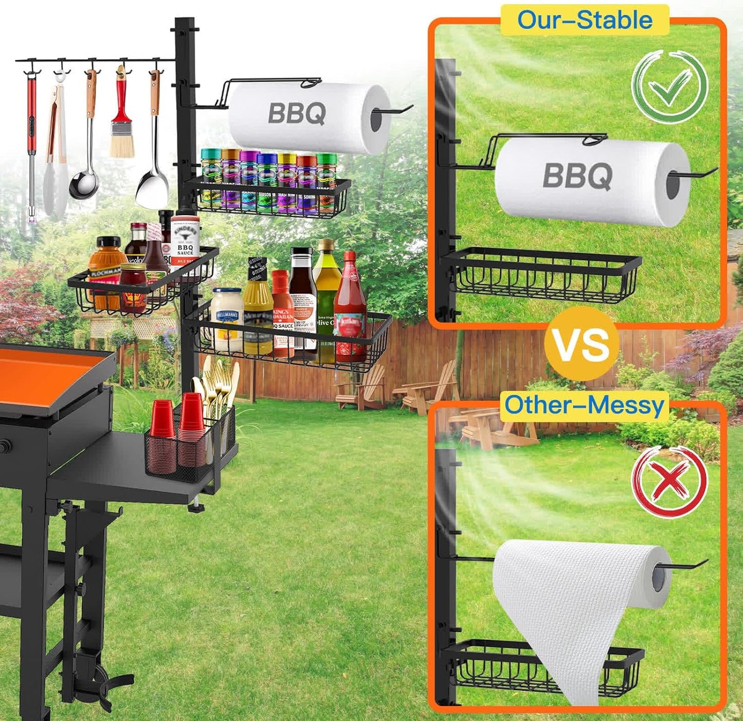 CONCONS Grill Caddy, BBQ Outdoor Kitchen Accessories for Camper, Barbeque Grill Accessories, Camping Kitchen, Barbeque Caddy for Outdoor Grill, Picnic Caddy, Outdoor Utensil Caddy, Paper Towel Holder