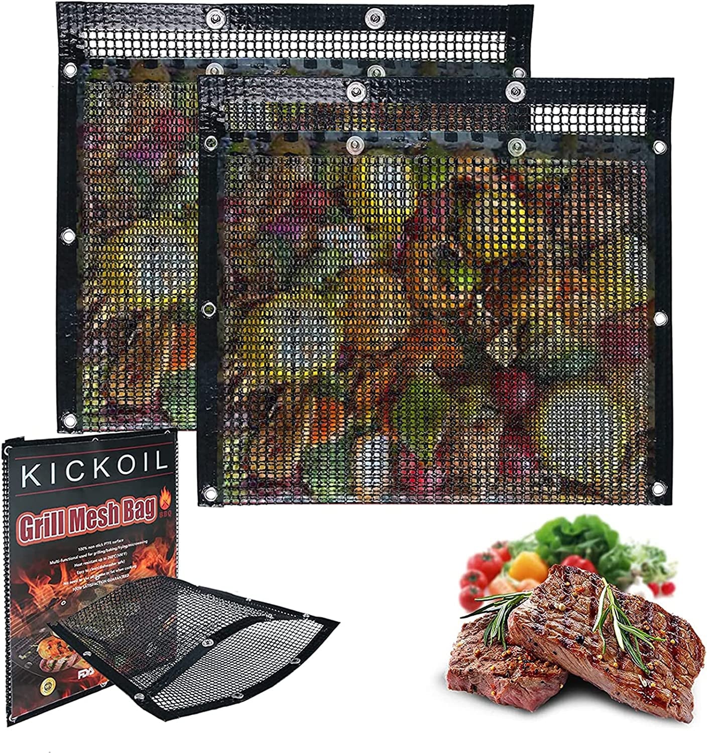 Large BBQ Mesh Grill Bags Set 2 Reusable Non-Stick Grill Bag for Charcoal Gas Electric Grills&Smokers Pitmasters Heat Resistant Barbecue Bag Vegetables Grilling Pouches Grill Accessories BBQ Tools