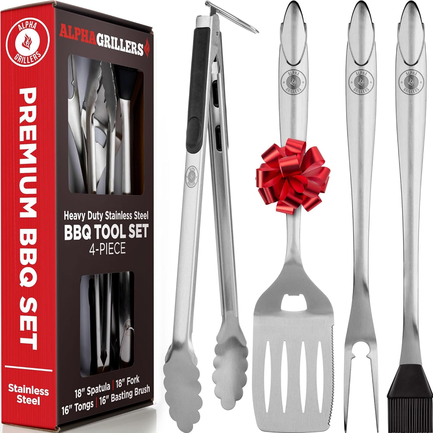 Grill Set Heavy Duty BBQ Accessories - BBQ Gifts Tool Set 4Pc Grill Accessories with Spatula, Fork, Brush & BBQ Tongs - Grilling Cooking Gifts for Men Dad Durable, Stainless Steel