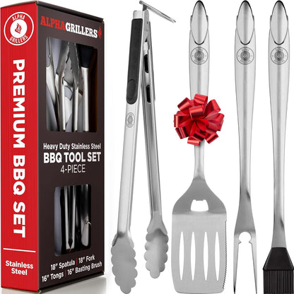 Grill Set Heavy Duty BBQ Accessories - BBQ Gifts Tool Set 4Pc Grill Accessories with Spatula, Fork, Brush & BBQ Tongs - Grilling Cooking Gifts for Men Dad Durable, Stainless Steel