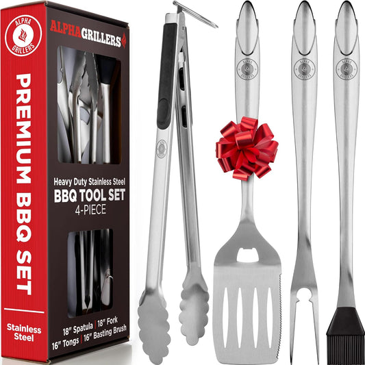 Grill Set Heavy Duty BBQ Accessories - BBQ Gifts Tool Set 4Pc Grill Accessories with Spatula, Fork, Brush & BBQ Tongs - Grilling Cooking Gifts for Men Dad Durable, Stainless Steel