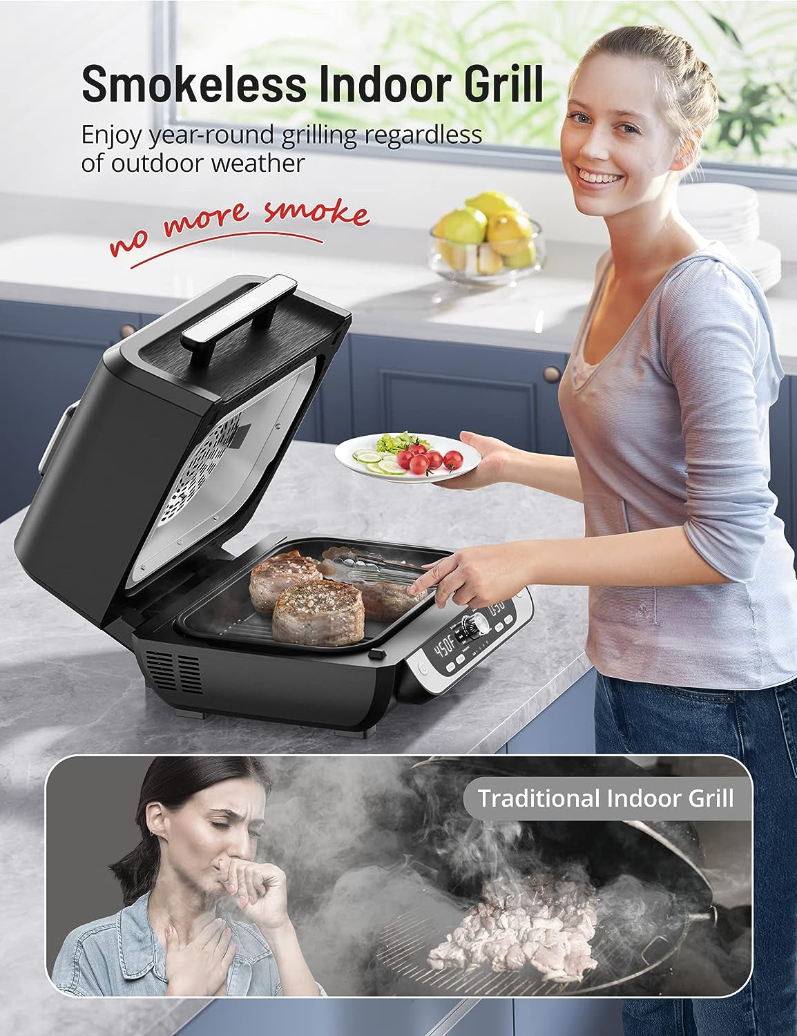 Smokeless Indoor Grill with Air Fryer,  Electric Air Fryer Grill Combo, 12-In-1 for Grill, Griddle, Slow Cook, Broil, Bake, Crisp, Roast, Dehydrate, Dual Heating Elements, Easy Knob Control