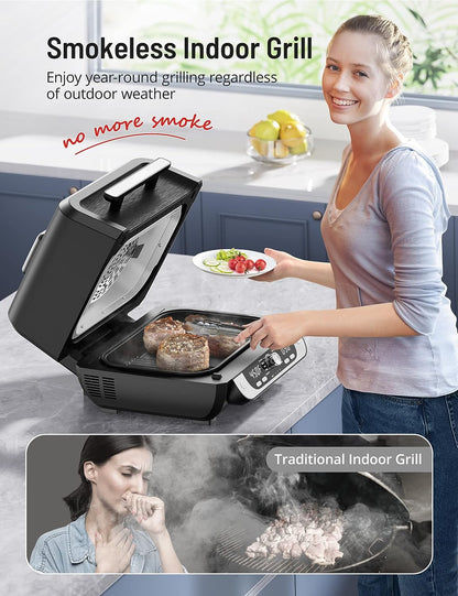 Smokeless Indoor Grill with Air Fryer,  Electric Air Fryer Grill Combo, 12-In-1 for Grill, Griddle, Slow Cook, Broil, Bake, Crisp, Roast, Dehydrate, Dual Heating Elements, Easy Knob Control