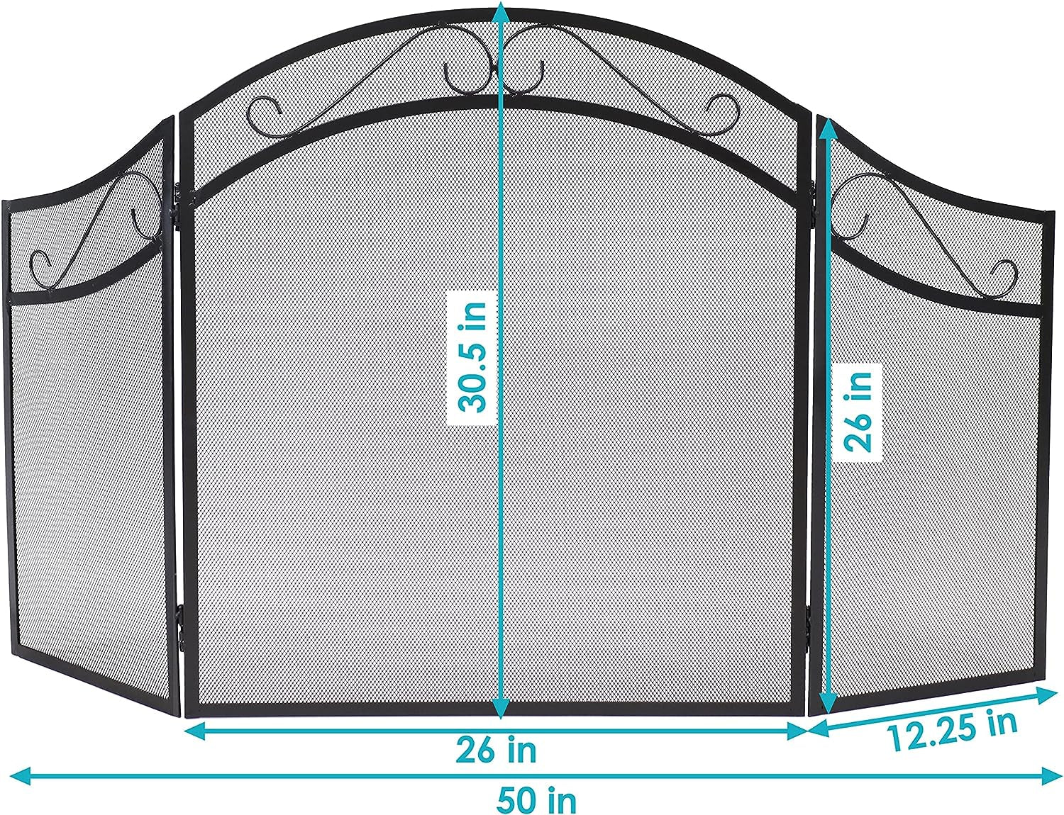 Sunnydaze Elegant Scrolling Design Steel 3-Panel Fireplace Screen with Black Powder-Coated Finish