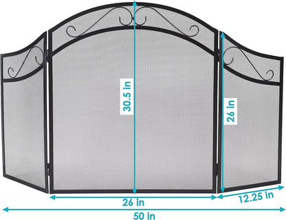 Sunnydaze Elegant Scrolling Design Steel 3-Panel Fireplace Screen with Black Powder-Coated Finish