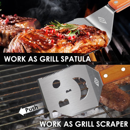 STEVEN-BULL S Heavy Duty BBQ Grill Tongs and Spatula for Outdoor Grill, 17” Long 5-In-1 Grill Spatula Comes with an 16” Long Locking Kitch Tongs, Best BBQ Gift for Barbecue Grilling Master