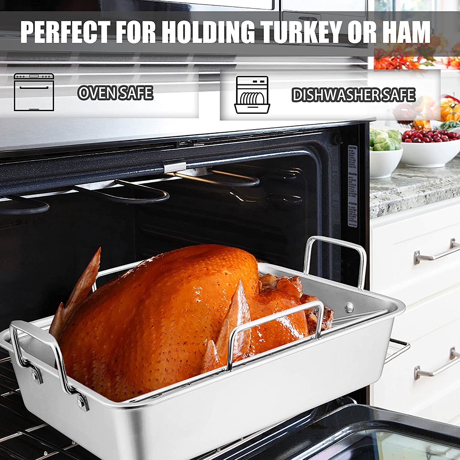 Teamfar Roasting Pan, Stainless Steel Large Turkey Roaster Pan with V Rack & Cooling Rack, Beer Can Chicken Holder & Meat Claws for Shredding & Silicone Brush, Healthy & Dishwasher Safe - 7 Pcs