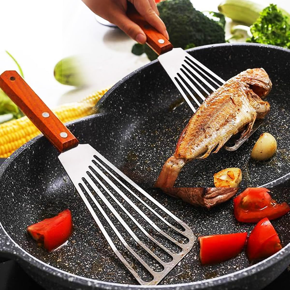 KLAQQED Spatula, Metal Spatulas Set, Stainless Steel Spatula, Fish Spatula Turner Cooking BBQ Grill Griddle Spatula, Metal Spatula for Cast Iron Skillet, Small Wide Kitchen Spatulas ​With Wood Handle