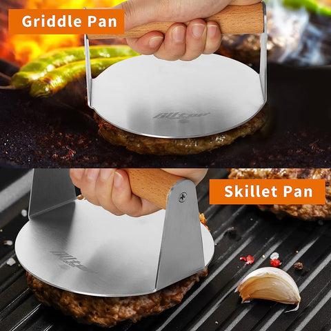 Image of ALLTOP Smash Burger Press,Stainless Steel Non-Stick Hamburger Patty Maker for Flat Top Griddle,Bbq,Kitchen - Wood Handle,5.5” round Grill Tool