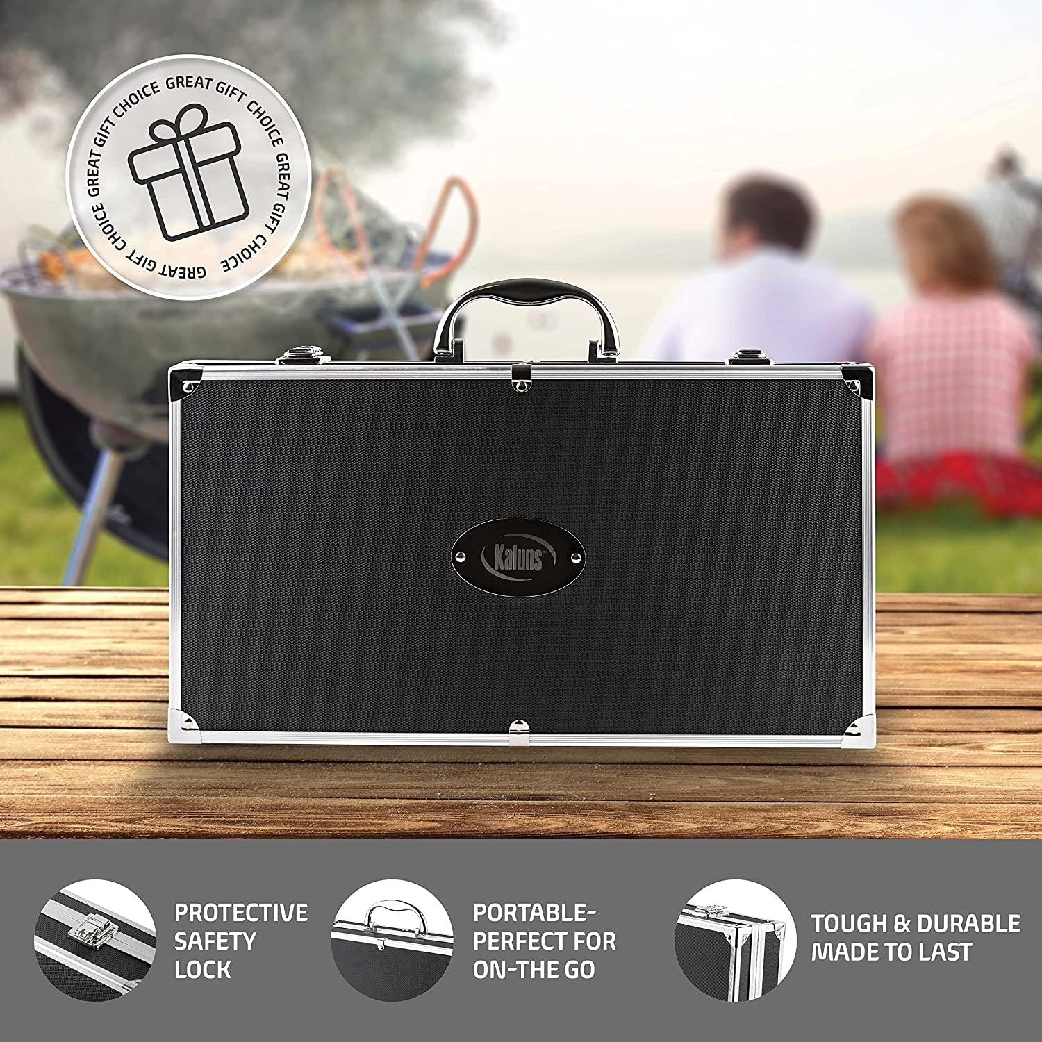Kaluns BBQ Grilling Accessories, Grilling Gifts for Men Dad, Grill Tools for Outdoor Grill, Heavy Duty Stainless Steel Grill Set with Aluminum Case and Apron, Christmas BBQ Gifts for Men, Women