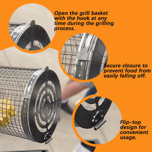 2PCS Flip-Top round Grill Basket - Rolling Baskest for Outdoor Grilling, Stainless Steel Wire Mesh for Fish, Shrimp, Meat, Veggies, and Fries Portable, BBQ Accessories for Camping Parties