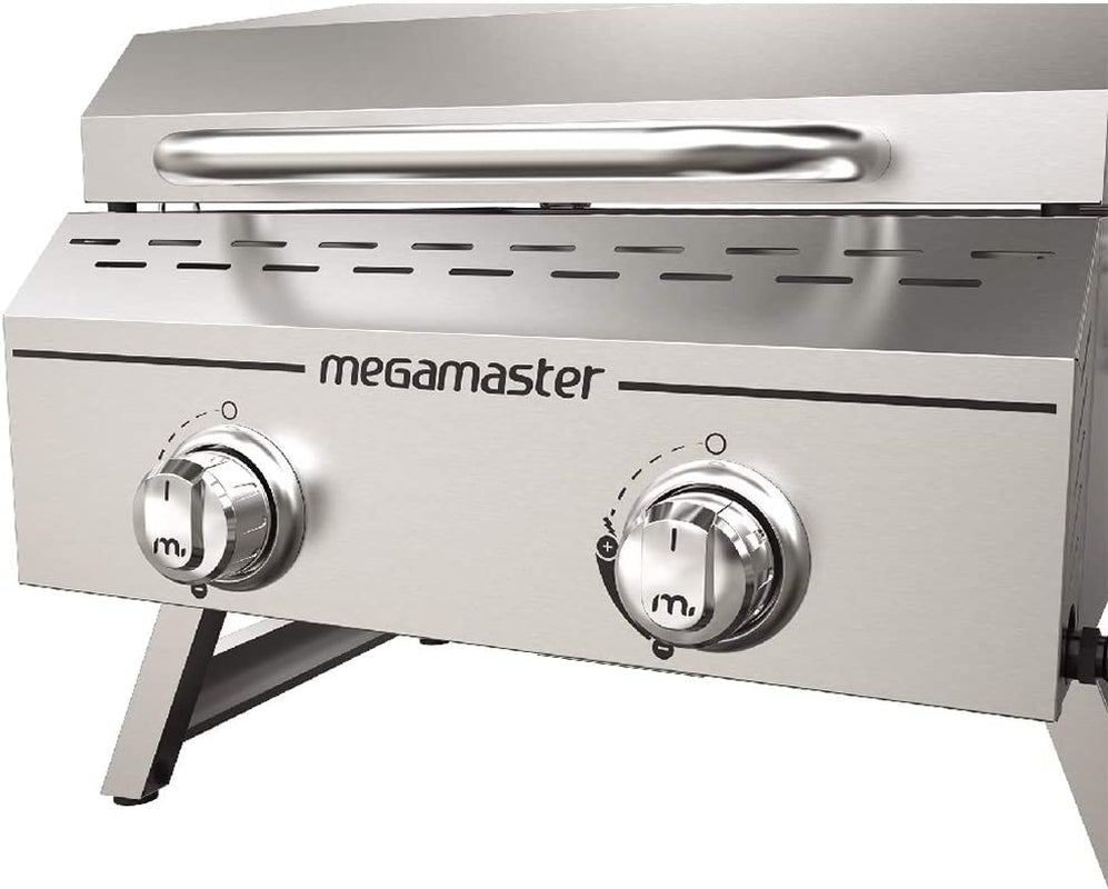 Megamaster Premium Outdoor Cooking 2-Burner Grill, While Camping, Outdoor Kitchen, Patio Garden, Barbecue with Two Foldable Legs, Silver in Stainless Steel
