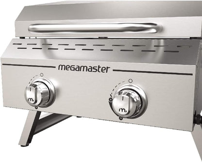 Megamaster Premium Outdoor Cooking 2-Burner Grill, While Camping, Outdoor Kitchen, Patio Garden, Barbecue with Two Foldable Legs, Silver in Stainless Steel