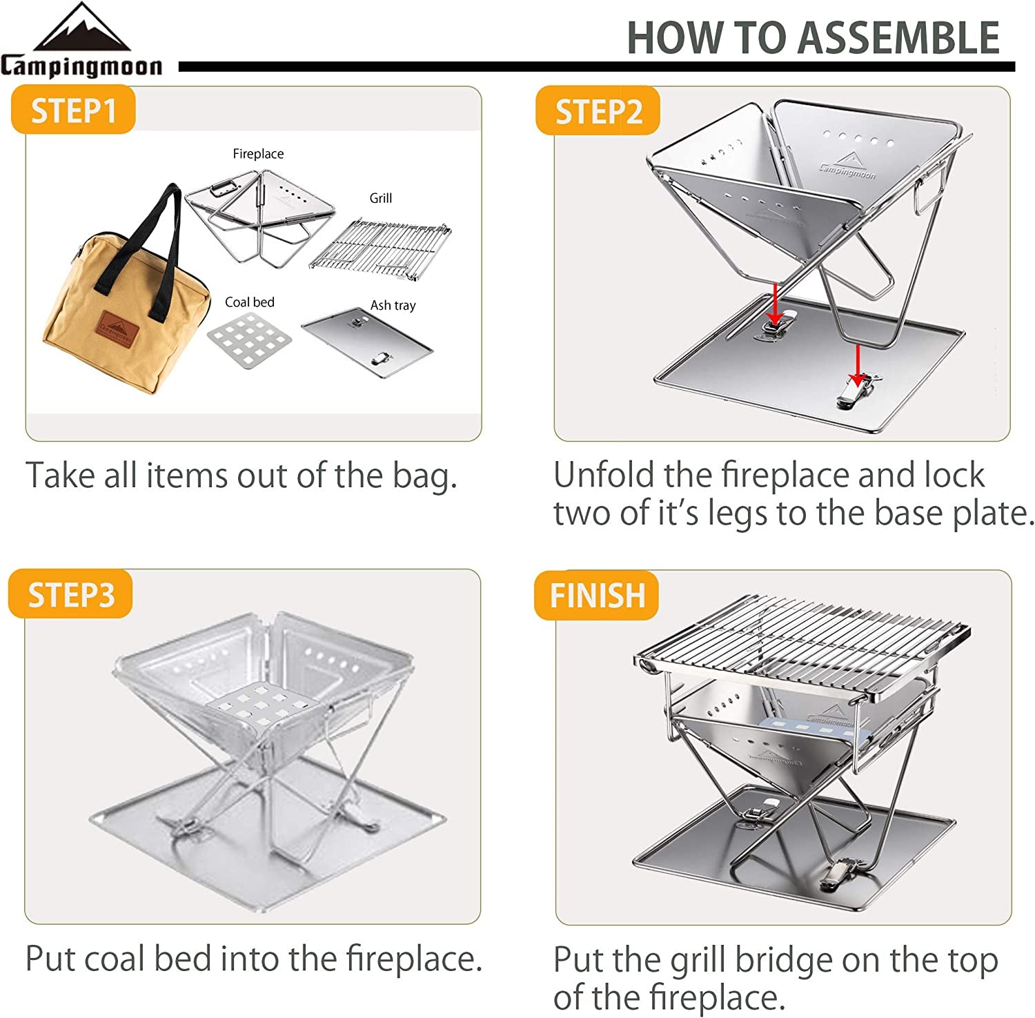 CAMPINGMOON Tabletop Charcoal Grill Small Size Wood Burning Grill and Fire Pit 9.65-Inch Portable Stainless Steel with Carrying Bag X-MINI-PRO