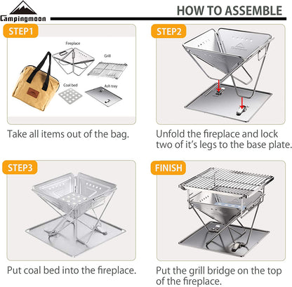 CAMPINGMOON Tabletop Charcoal Grill Small Size Wood Burning Grill and Fire Pit 9.65-Inch Portable Stainless Steel with Carrying Bag X-MINI-PRO