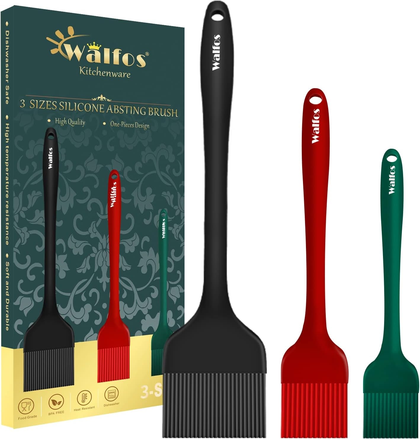 Walfos 3 Size Basting Brush (Extra Large, Large and Small), Silicone Pastry Brushes for Barbecue, Baking, Desserts, Cooking Brush for Kitchen - Strong Stainless Steel Core