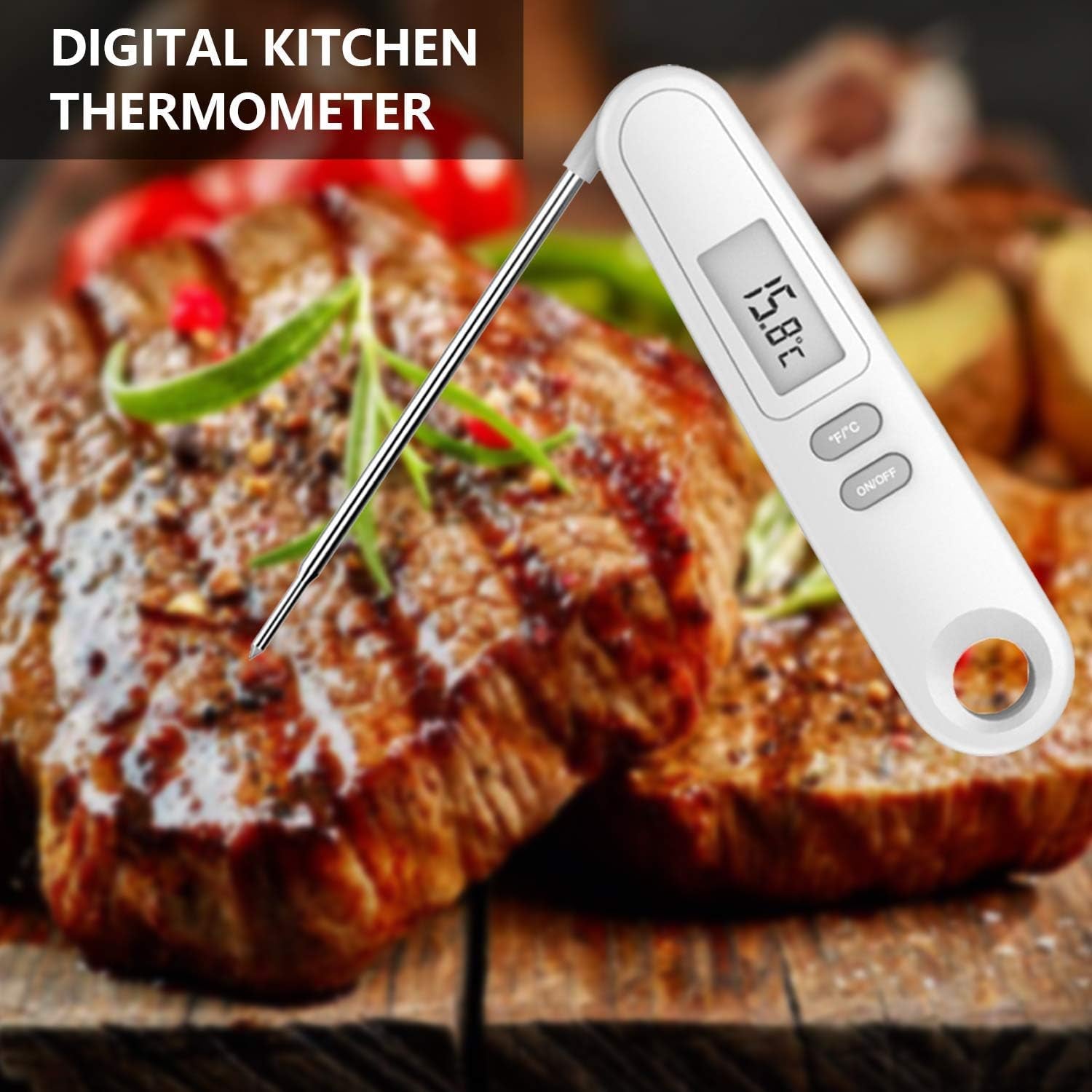 Instant Read Meat Thermometer for Kitchen Cooking, Waterproof Food Thermometer with Stainless Steel Probe and Backlight for BBQ, Grilling and Bakery White