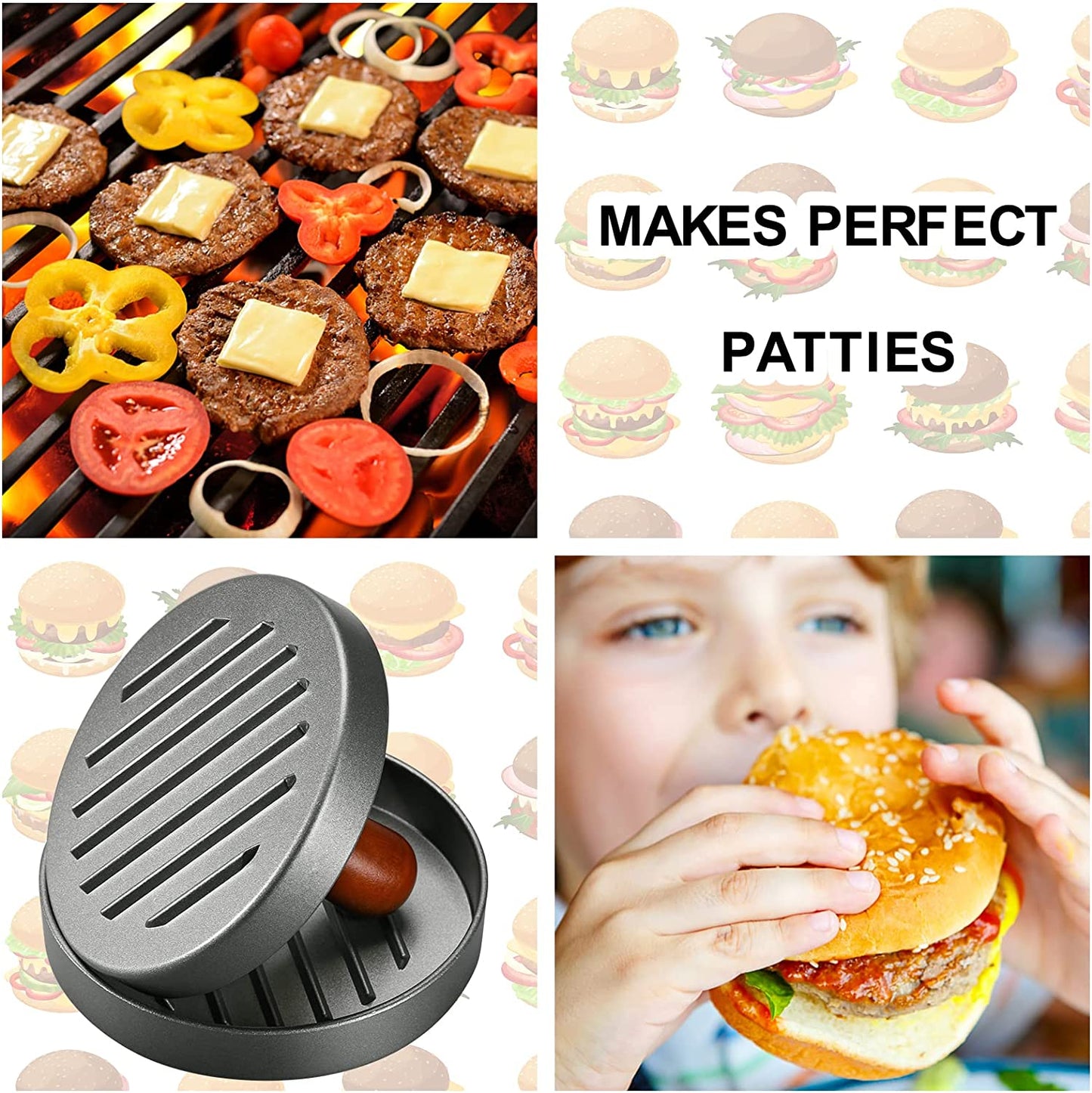 PIQUEBAR Burger Press Patty Maker Stainless Steel Hamburger Mold Non-Stick with 100 Patty Papers