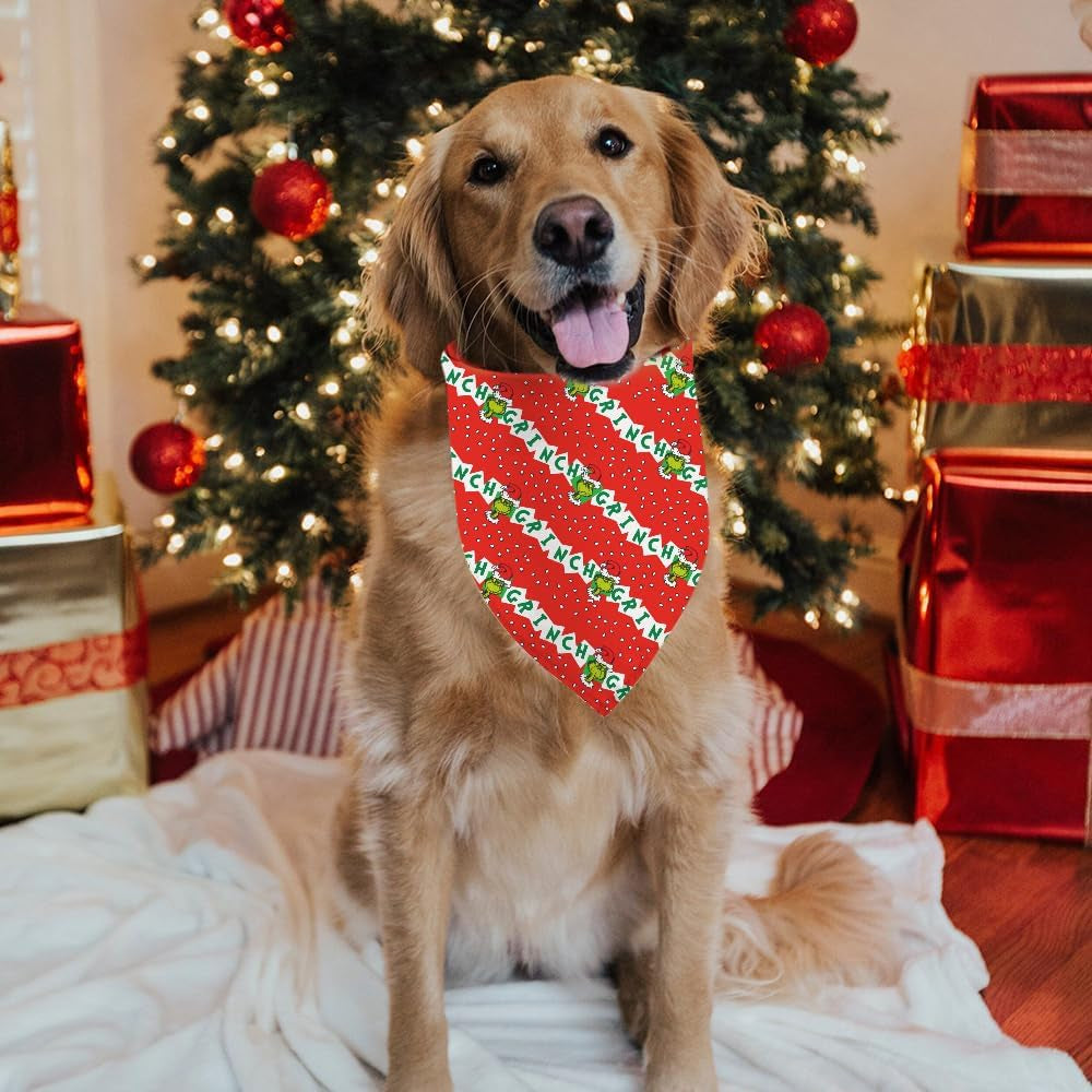 Christmas Dog Bandanas, Double Sided 2 Pack Holiday New Year Puppy Bandanas, Girnch Smile Square Dog Kerchief Merry Christmas Dogs Gifts (05)