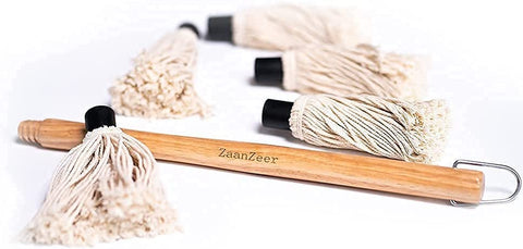 Image of Zaanzeer 18 Inches BBQ Mop with Wooden Handle and 4 Extra Replacement Cotton Fiber Basting Mop Heads for Grilling and Smoking Steak