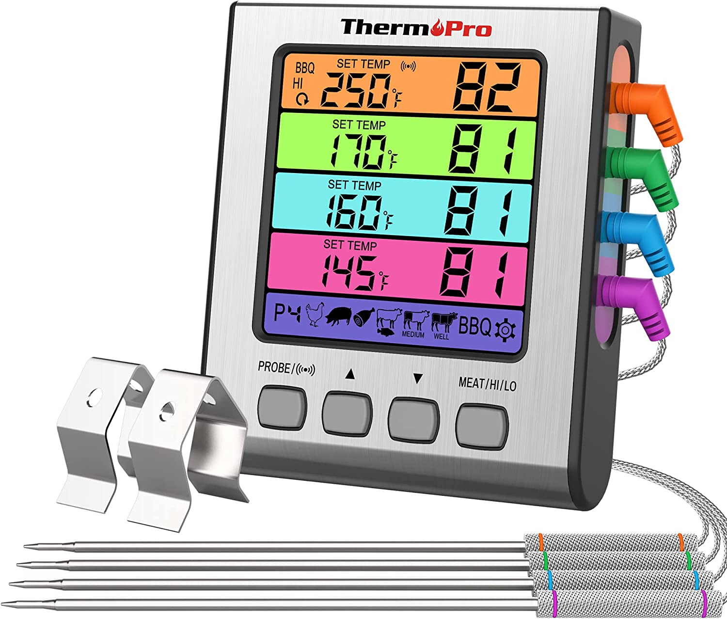 TP17H Digital Meat Thermometer with 4 Temperature Probes, HI/LOW Alarm Smoker Food Thermometer with Colored Backlit LCD, BBQ Thermometer for Cooking Grilling Kitchen Oven Barbecue Turkey