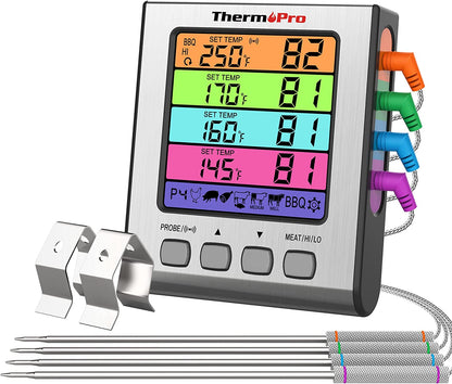 TP17H Digital Meat Thermometer with 4 Temperature Probes, HI/LOW Alarm Smoker Food Thermometer with Colored Backlit LCD, BBQ Thermometer for Cooking Grilling Kitchen Oven Barbecue Turkey