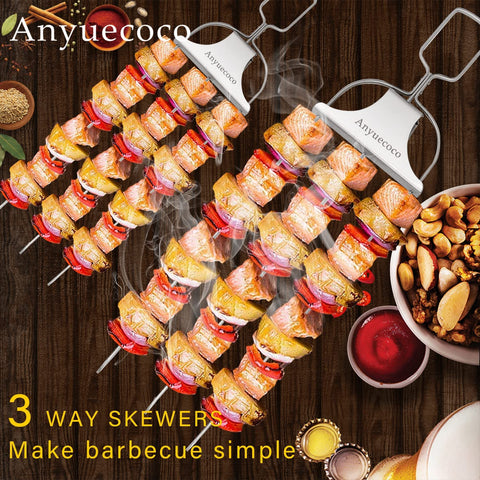 Image of Anyuecoco Skewers for Kabobs,14 Inch 3-Prong Kabob Skewers for Grilling,Stainless Steel Skewer,With Push Bar Reusable Metal Skewer,Kabob Sticks,Perfect for Meat,Chicken,Sausages,Veggies,Shrimp (2 Pcs)