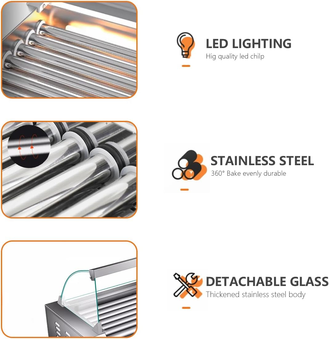 1670W Hot Dog Roller Machine/Sausage Grill with Dust Cover,Stainless Steel 11 Rollers 30 Hot Dog Roller Grill Cooker Machine with Dual Temp Control and LED Light/Detachable Drip Tray