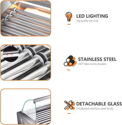 1670W Hot Dog Roller Machine/Sausage Grill with Dust Cover,Stainless Steel 11 Rollers 30 Hot Dog Roller Grill Cooker Machine with Dual Temp Control and LED Light/Detachable Drip Tray