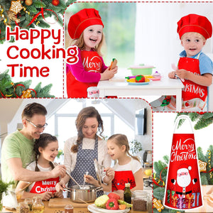 4 Sets Christmas Kids Apron and Chef Hat Boys Girls Aprons with 2 Pockets Hats Cooking Kitchen Painting Baking Wear