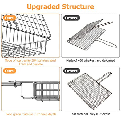 ORDORA Grill Basket, Fish Grill Basket, Rustproof 304 Stainless Steel BBQ Grilling Basket for Meat,Steak, Shrimp, Vegetables, Chops, Heavy Duty Grill Basket Outdoor Grill Accessories