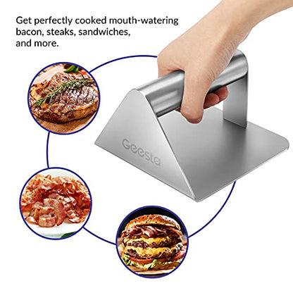 Geesta Smash Burger Press – Heavy Duty Stainless Steel Grill Press Steak Weight – Dishwasher Safe 5.5 Inch Non-Stick Burger Smasher for Blackstone Flat Top Griddle Grill Cooking