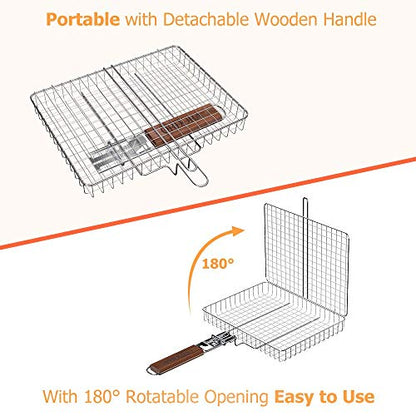 ORDORA Grill Basket, Fish Grill Basket, Rustproof 304 Stainless Steel BBQ Grilling Basket for Meat,Steak, Shrimp, Vegetables, Chops, Heavy Duty Grill Basket Outdoor Grill Accessories