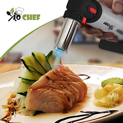 Kitchen Torch With Butane included - Refillable Butane Torch With Safety Lock & Adjustable Flame + Fuel gauge - Culinary Torch, Creme Brûlée Torch for Cooking Food, Baking, BBQ, 2 Cans Included