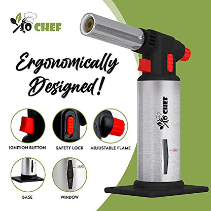 Kitchen Torch With Butane included - Refillable Butane Torch With Safety Lock & Adjustable Flame + Fuel gauge - Culinary Torch, Creme Brûlée Torch for Cooking Food, Baking, BBQ, 2 Cans Included