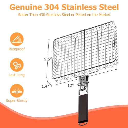 ORDORA Grill Basket, Fish Grill Basket, Rustproof 304 Stainless Steel BBQ Grilling Basket for Meat,Steak, Shrimp, Vegetables, Chops, Heavy Duty Grill Basket Outdoor Grill Accessories