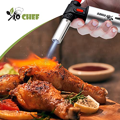 Kitchen Torch With Butane included - Refillable Butane Torch With Safety Lock & Adjustable Flame + Fuel gauge - Culinary Torch, Creme Brûlée Torch for Cooking Food, Baking, BBQ, 2 Cans Included