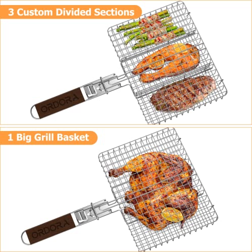 ORDORA Grill Basket, Fish Grill Basket, Rustproof 304 Stainless Steel BBQ Grilling Basket for Meat,Steak, Shrimp, Vegetables, Chops, Heavy Duty Grill Basket Outdoor Grill Accessories