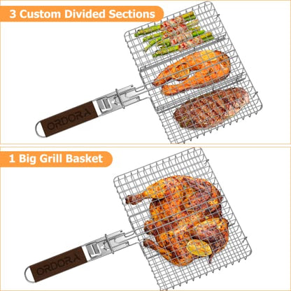 ORDORA Grill Basket, Fish Grill Basket, Rustproof 304 Stainless Steel BBQ Grilling Basket for Meat,Steak, Shrimp, Vegetables, Chops, Heavy Duty Grill Basket Outdoor Grill Accessories
