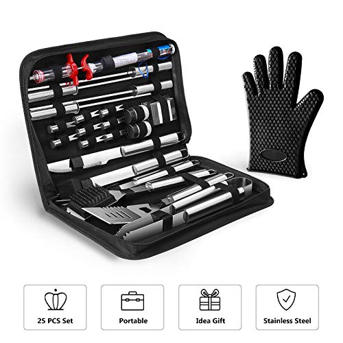OlarHike Grilling Accessories BBQ Grill Tools Set, 25PCS Stainless Steel Grilling Kit for Smoker, Camping, Kitchen, Barbecue Utensil Gifts for Men Women with Thermometer and Meat Injector