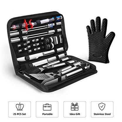 OlarHike Grilling Accessories BBQ Grill Tools Set, 25PCS Stainless Steel Grilling Kit for Smoker, Camping, Kitchen, Barbecue Utensil Gifts for Men Women with Thermometer and Meat Injector