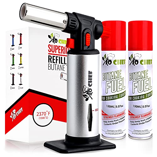Kitchen Torch With Butane included - Refillable Butane Torch With Safety Lock & Adjustable Flame + Fuel gauge - Culinary Torch, Creme Brûlée Torch for Cooking Food, Baking, BBQ, 2 Cans Included