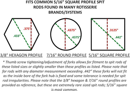 Onegrill Chrome Steel Grill Rotisserie Spit Forks Set (Fits: 5/16 Inch Square, 3/8 Inch Hexagon, & 7/16 Inch Round)