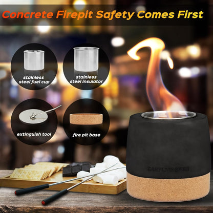 Tabletop Fire Pit, round Concrete Smokeless Smores Fire Pit Table Top as Smores Maker Kit, Dual Burner Cups Rubbing Alcohol Table Top Firepit for Indoor & Patio