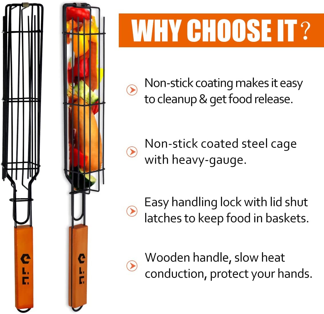 Portable Grilling Baskets - Set of 4 Companion Nonstick Kabob Grilling Baskets for Outdoor Grill - Kabobs and Loose Veggies，Fruits，Vegetable，Onion，Fish，Chicken and Meat Grill Baskets (Basket-4B)