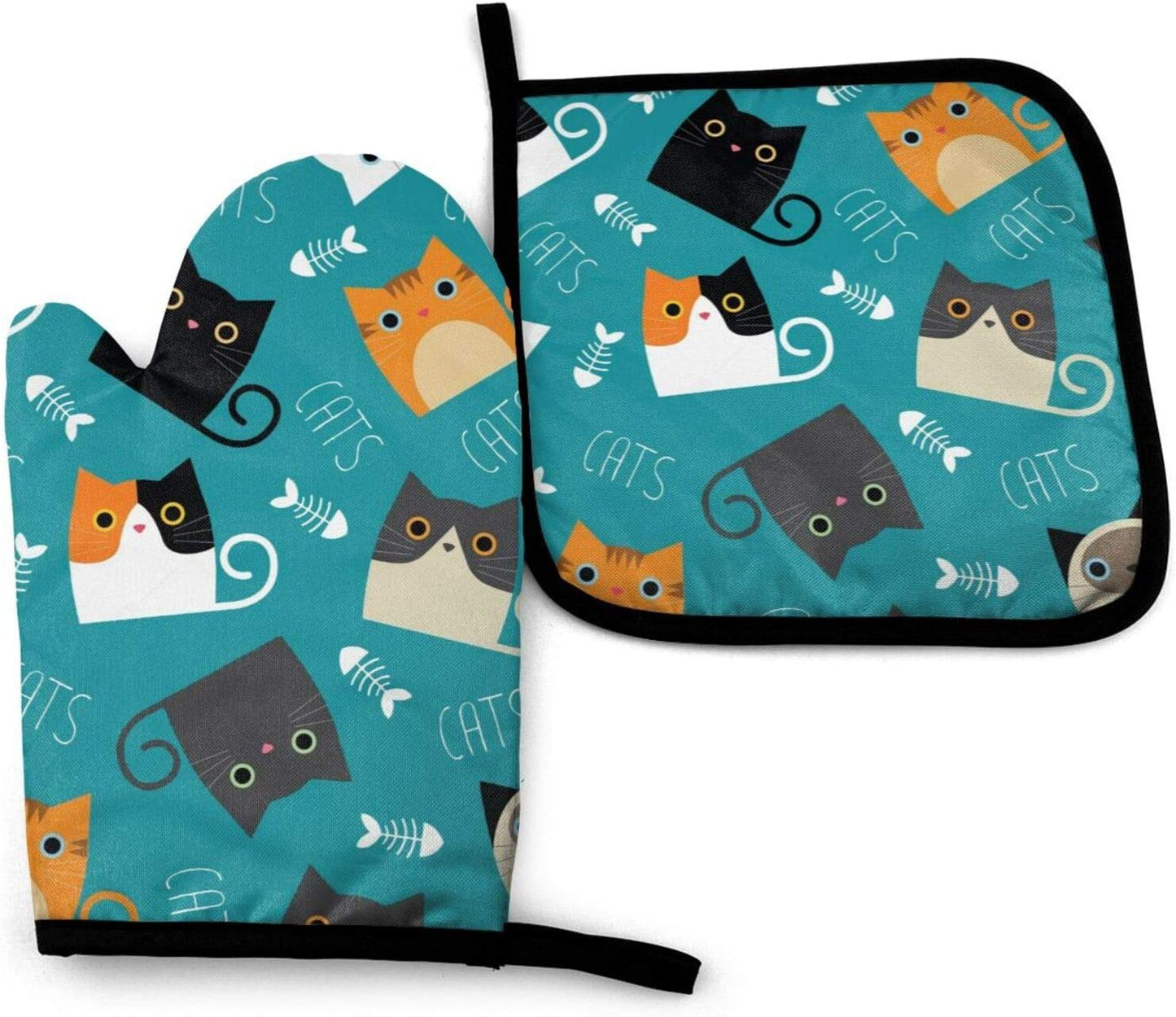 Cats Fishbone Oven Mitts and Pot Holders Set， Heat Resistant Kitchen Gloves with Inner Cotton Layer for Cooking Baking Grilling