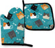 Cats Fishbone Oven Mitts and Pot Holders Set， Heat Resistant Kitchen Gloves with Inner Cotton Layer for Cooking Baking Grilling