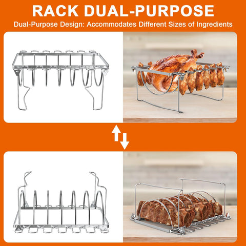 Image of BBQ Future 3-In-1 Rib Racks & Chicken Leg Rack for Grilling and Smoking - Premium Stainless Steel Foldable Rib and Drumstick Roasting Racks - Holds 1 Whole Chicken, 12 Chicken Leg Wing, 6 Large Ribs